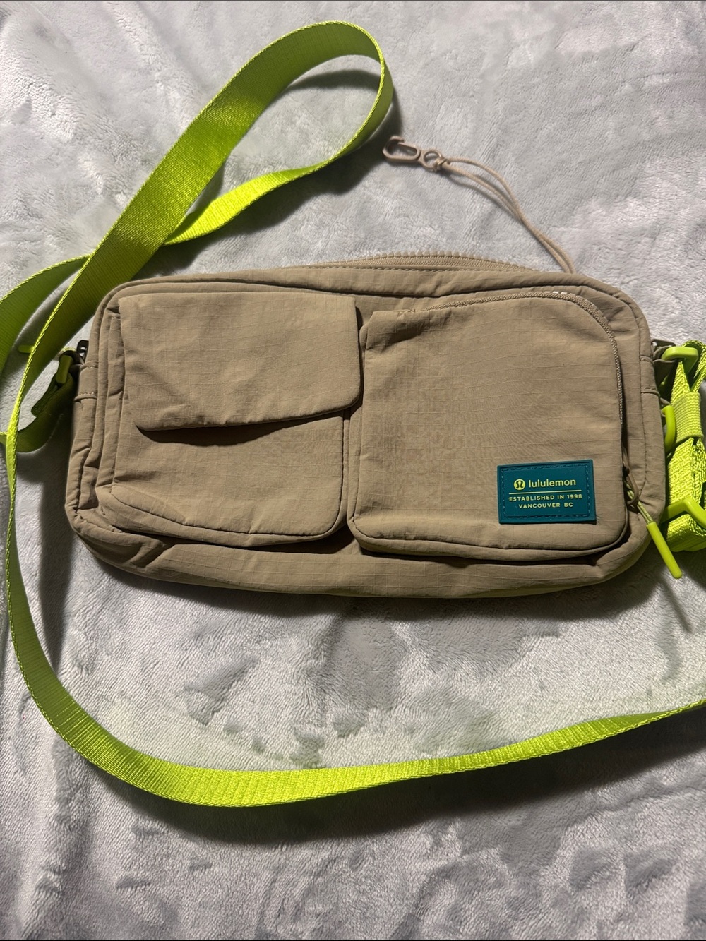 lululemon athletica Khaki Crossbody Belt Bag with Neon Green Strap